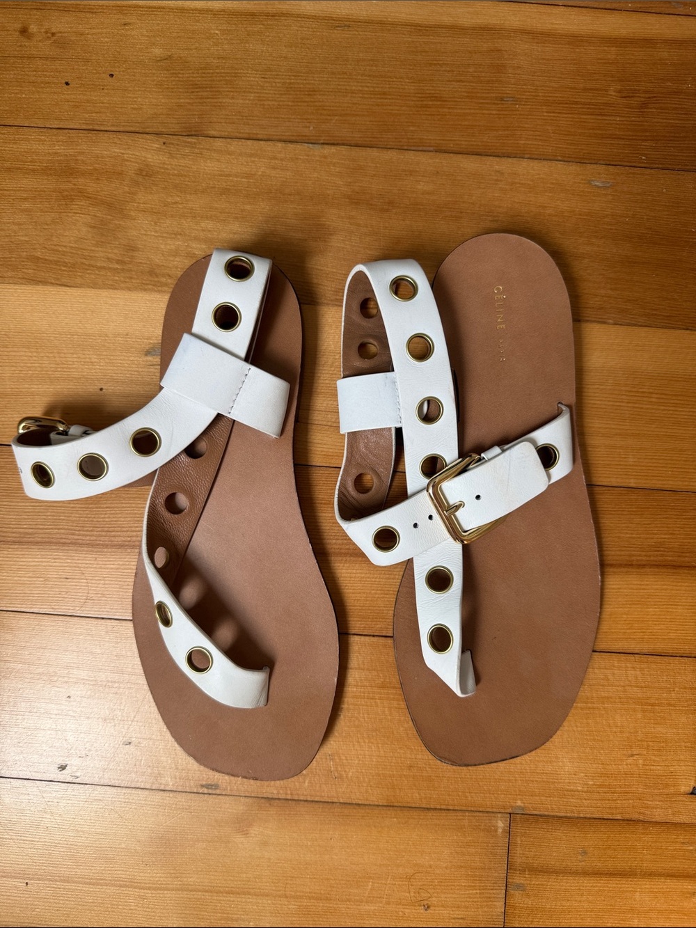 Celine White Leather Grommet Ankle-Strap Sandal